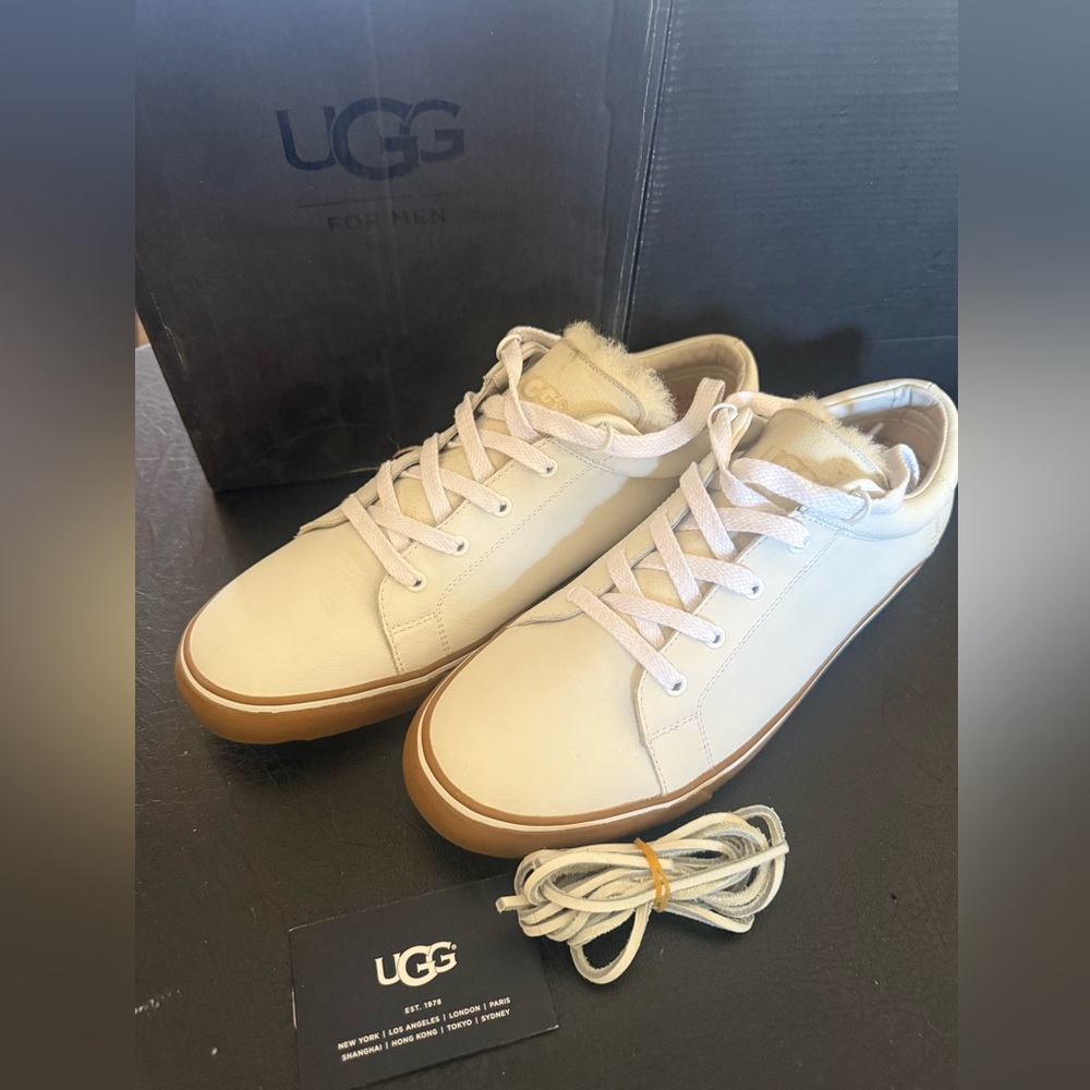 UGG Men's Brock Luxe White Cream Leather Sneakers with Gum Rubber Sole size 10
